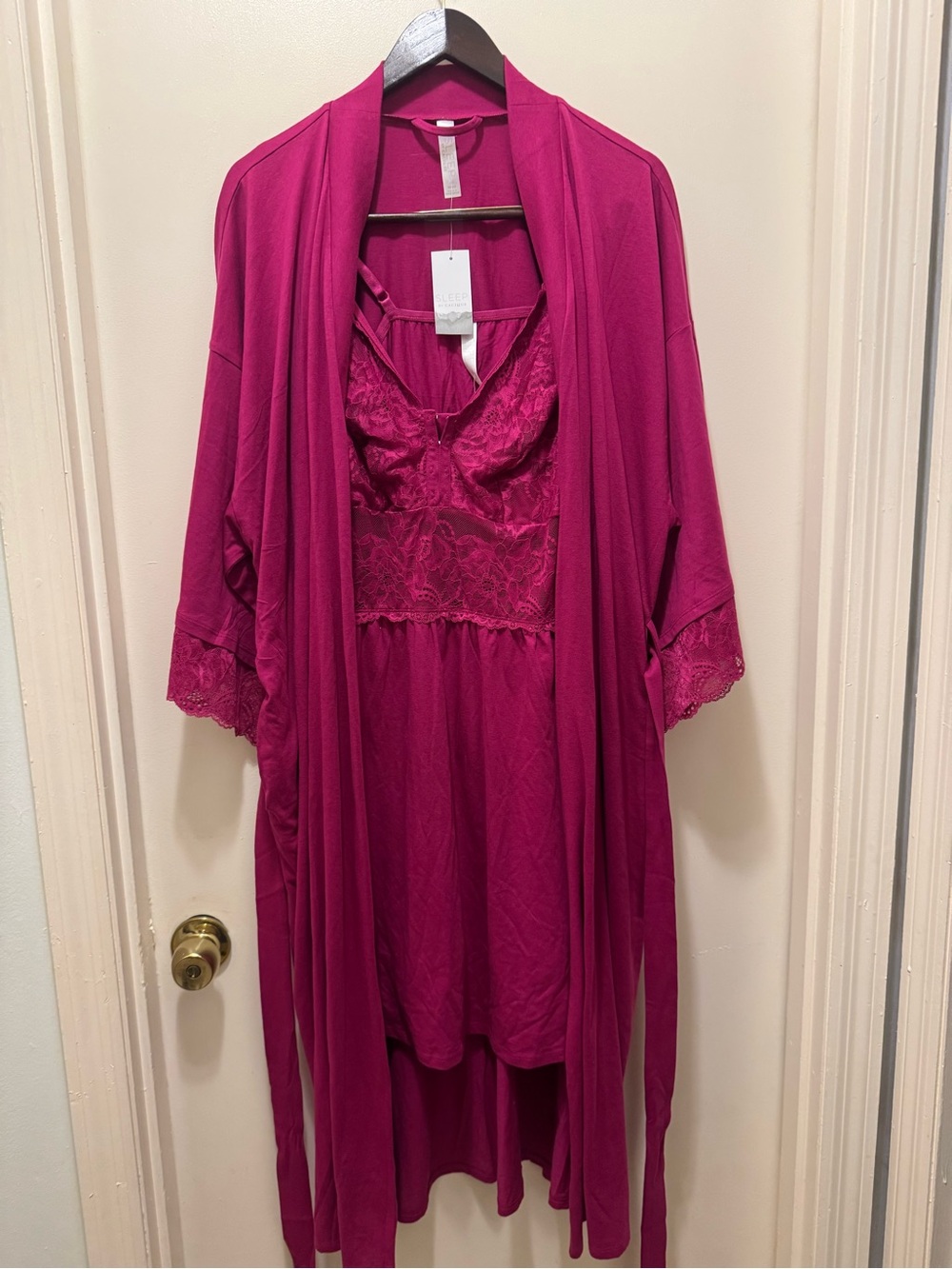 Cacique Women’s Fuchsia Lace-Trim Robe and Chemise Set